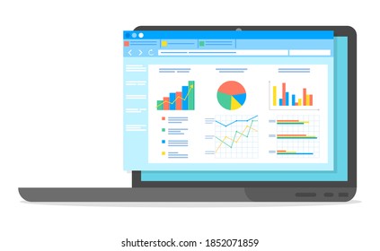 Tabla de pantalla de computadora con datos de contabilidad financiera, informe de negocios analítico de base de datos. Pantalla portátil con un documento de investigación de auditoría con gráficos y gráficos con una descripción de indicadores