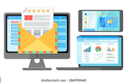 Table software computer screen and smartphone with financial accounting data, database analytical report. Laptop screen, document with charts and graphs, means of interaction and customer acquisition