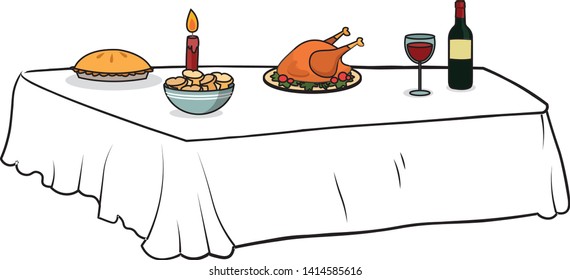 table with some foods chicken drinks glass bottle candle