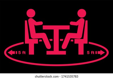 table spacings in public dining rooms and restaurants, 5 ft, red and black vector icon