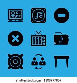 table, speaker, music folder, cancel, music file, television, laptop, businessmen and no entry vector icon. Simple icons set