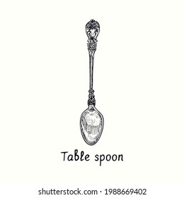 Table spoon with retro style decor. Ink black and white drawing  woodcut vintage style  illustration
