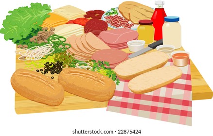 Table Spread With Various And Sundry Sandwich Slices And Condiments, Replete With Chopping Block Table Top.