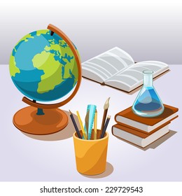 Table with Stacked books and test-tube, pencils and open book  illustration.Vector. Eps 10.