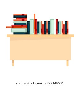 Table with stacks of books in the library