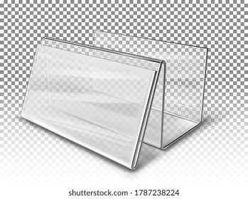 Mesa para tarjetas de visita hechas de plástico blanco transparente. Ilustración vectorial aislada en fondo transparente.