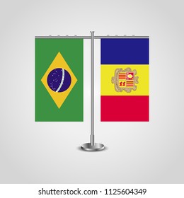 Table stand with flags of Brazil and Andorra.Two flag. Flag pole. Symbolizing the cooperation between the two countries. Table flags
