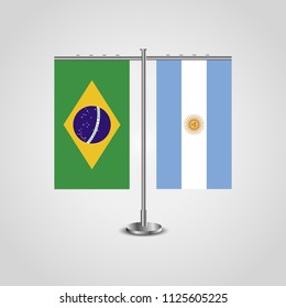 Table stand with flags of Brazil and Argentina.Two flag. Flag pole. Symbolizing the cooperation between the two countries. Table flags
