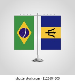 Table stand with flags of Brazil and Barbados.Two flag. Flag pole. Symbolizing the cooperation between the two countries. Table flags
