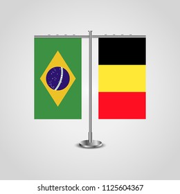 Table stand with flags of Brazil and Belgium.Two flag. Flag pole. Symbolizing the cooperation between the two countries. Table flags
