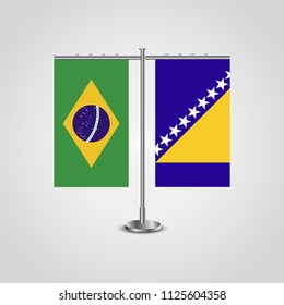 Table stand with flags of Brazil and Bosnia and Herzegovina.Two flag. Flag pole. Symbolizing the cooperation between the two countries. Table flags

