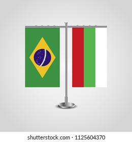Table stand with flags of Brazil and Bulgaria.Two flag. Flag pole. Symbolizing the cooperation between the two countries. Table flags
