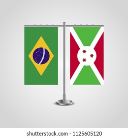 Table stand with flags of Brazil and Burundi.Two flag. Flag pole. Symbolizing the cooperation between the two countries. Table flags
