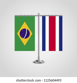 Table stand with flags of Brazil and Costa Rica.Two flag. Flag pole. Symbolizing the cooperation between the two countries. Table flags
