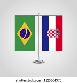 Table stand with flags of Brazil and Croatia.Two flag. Flag pole. Symbolizing the cooperation between the two countries. Table flags