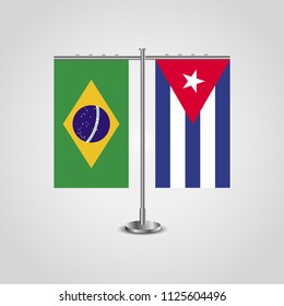 Table stand with flags of Brazil and Cuba.Two flag. Flag pole. Symbolizing the cooperation between the two countries. Table flags
