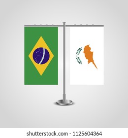 Table stand with flags of Brazil and Cyprus.Two flag. Flag pole. Symbolizing the cooperation between the two countries. Table flags
