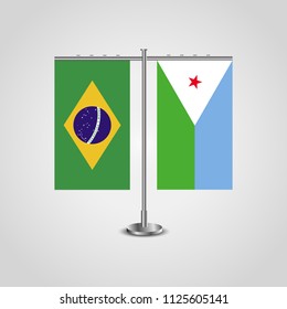 Table stand with flags of Brazil and Djibouti.Two flag. Flag pole. Symbolizing the cooperation between the two countries. Table flags
