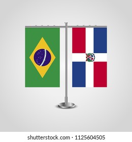 Table stand with flags of Brazil and Dominican Republic.Two flag. Flag pole. Symbolizing the cooperation between the two countries. Table flags
