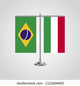 Table stand with flags of Brazil and Hungary.Two flag. Flag pole. Symbolizing the cooperation between the two countries. Table flags
