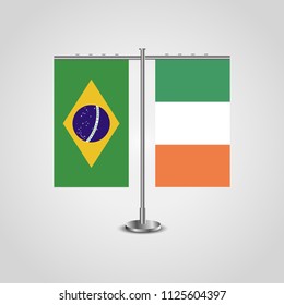 Table stand with flags of Brazil and Ireland.Two flag. Flag pole. Symbolizing the cooperation between the two countries. Table flags
