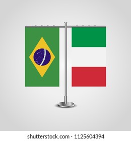 Table stand with flags of Brazil and Italy.Two flag. Flag pole. Symbolizing the cooperation between the two countries. Table flags
