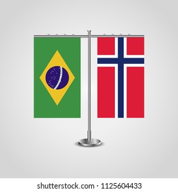 Table stand with flags of Brazil and Jan Mayen.Two flag. Flag pole. Symbolizing the cooperation between the two countries. Table flags
