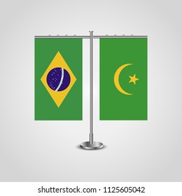 Table stand with flags of Brazil and Mauritania.Two flag. Flag pole. Symbolizing the cooperation between the two countries. Table flags
