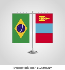 Table stand with flags of Brazil and Mongolia.Two flag. Flag pole. Symbolizing the cooperation between the two countries. Table flags
