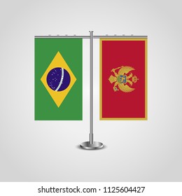 Table stand with flags of Brazil and Montenegro.Two flag. Flag pole. Symbolizing the cooperation between the two countries. Table flags
