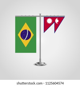 Table stand with flags of Brazil and Nepal.Two flag. Flag pole. Symbolizing the cooperation between the two countries. Table flags
