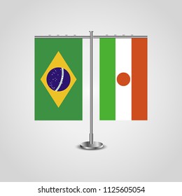 Table stand with flags of Brazil and Niger.Two flag. Flag pole. Symbolizing the cooperation between the two countries. Table flags
