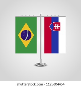 Table stand with flags of Brazil and Slovakia.Two flag. Flag pole. Symbolizing the cooperation between the two countries. Table flags
