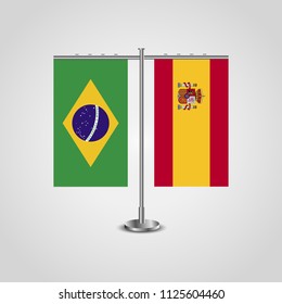 Table stand with flags of Brazil and Spain.Two flag. Flag pole. Symbolizing the cooperation between the two countries. Table flags
