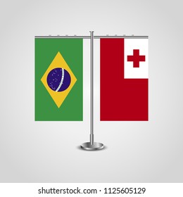 Table stand with flags of Brazil and Tonga.Two flag. Flag pole. Symbolizing the cooperation between the two countries. Table flags
