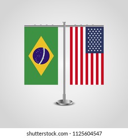 Table stand with flags of Brazil and USA.Two flag. Flag pole. Symbolizing the cooperation between the two countries. Table flags
