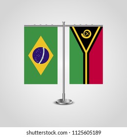 Table stand with flags of Brazil and Vanuatu.Two flag. Flag pole. Symbolizing the cooperation between the two countries. Table flags

