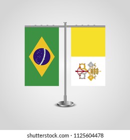 Table stand with flags of Brazil and Vatican.Two flag. Flag pole. Symbolizing the cooperation between the two countries. Table flags
