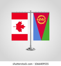 Table stand with flags of Canada and Eritrea.Two flag. Flag pole. Symbolizing the cooperation between the two countries. Table flags