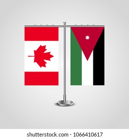 Table stand with flags of Canada and Jordan.Two flag. Flag pole. Symbolizing the cooperation between the two countries. Table flags