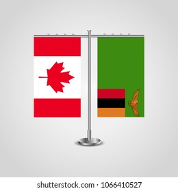 Table stand with flags of Canada and Zambia.Two flag. Flag pole. Symbolizing the cooperation between the two countries. Table flags