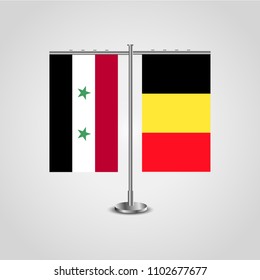 Table stand with flags of China and Belgium.Two flag. Flag pole. Symbolizing the cooperation between the two countries. Table flags