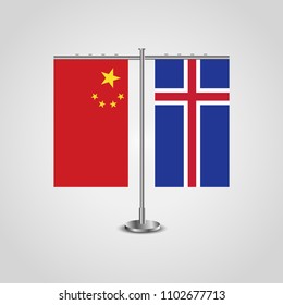 Table stand with flags of China and Iceland.Two flag. Flag pole. Symbolizing the cooperation between the two countries. Table flags