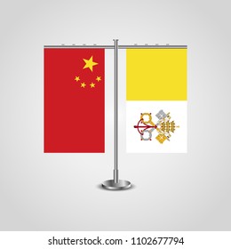 Table stand with flags of China and Vatican.Two flag. Flag pole. Symbolizing the cooperation between the two countries. Table flags