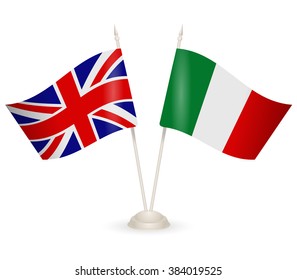 Table stand with flags of England and Italy. Symbolizing the cooperation between the two countries.flag icons. Two flag vector. flag pole. 