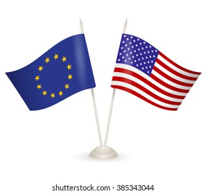 Table stand with flags of EU and USA. Symbolizing the cooperation between the two countries. flag icons. Two flag vector. flag pole.  american flag