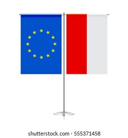 table stand with flags of european union and poland. symbolizing the cooperation between the EU and POLAND. vector table flags
