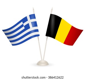 Table stand with flags of Greece and Belgia. Symbolizing the cooperation between the two countries. flag icons. Two flag vector. flag pole. 