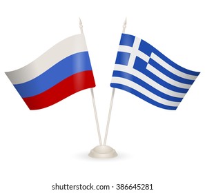 Table stand with flags of Greece and Russia. Symbolizing the cooperation between the two countries. flag icons. Two flag vector. flag pole. 