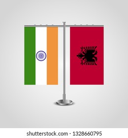 Table stand with flags of India and Albania.Two flag. Flag pole. Symbolizing the cooperation between the two countries. Table flags